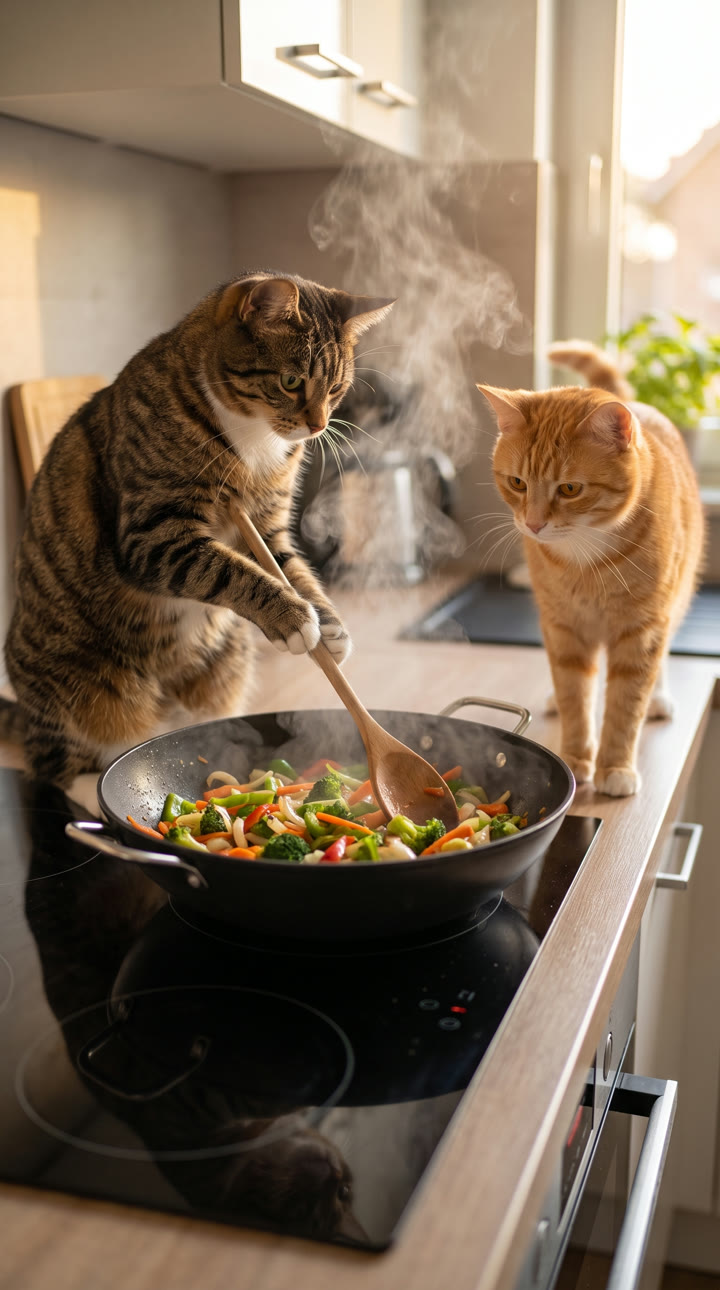 A tabby cat stirs a wok of vegetables on an induction hob while a ginger cat watches from further along the counter.